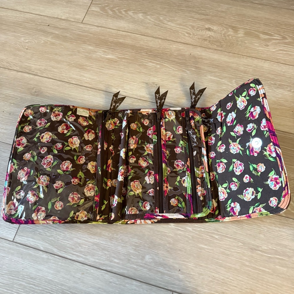 Vera Bradley Floral Quilted Clutch Makeup Bag Travel Organizer Brown Pink Rose